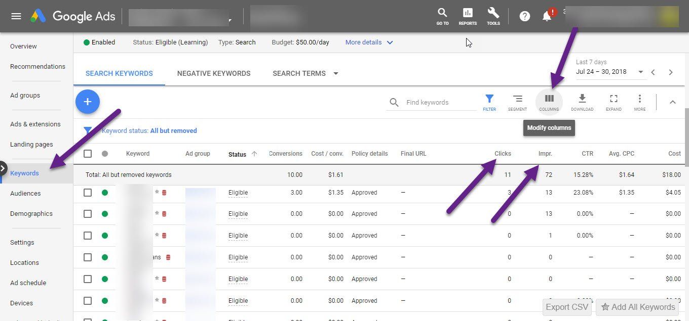 Google Ads example image for keywords and modifying columns