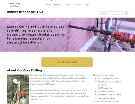 A screenshot of the website for kansas coring and cutting concrete core drilling.