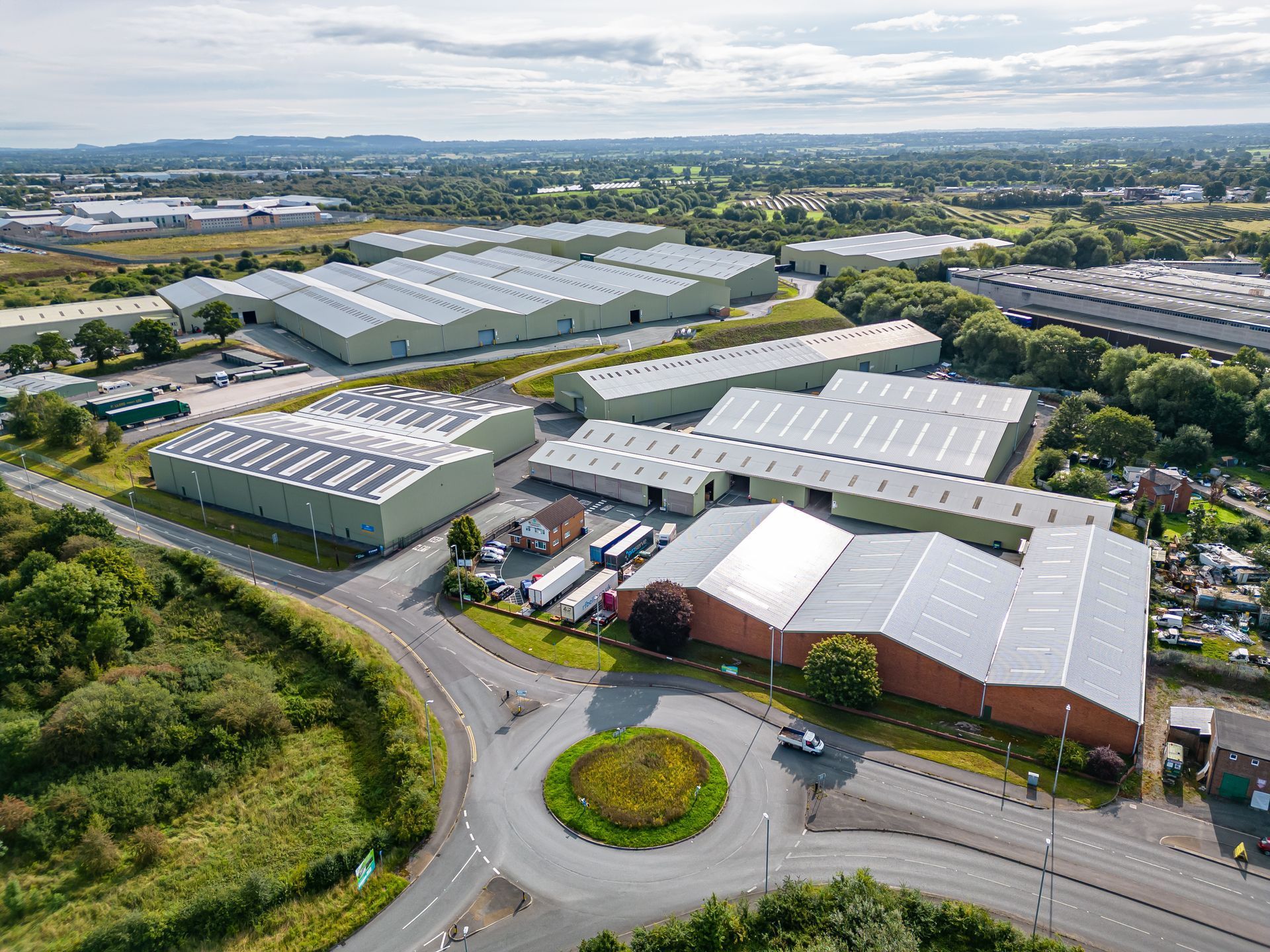 Overview of Wrexham Industrial Estate, showcasing a hub for businesses and logistics with modern fac