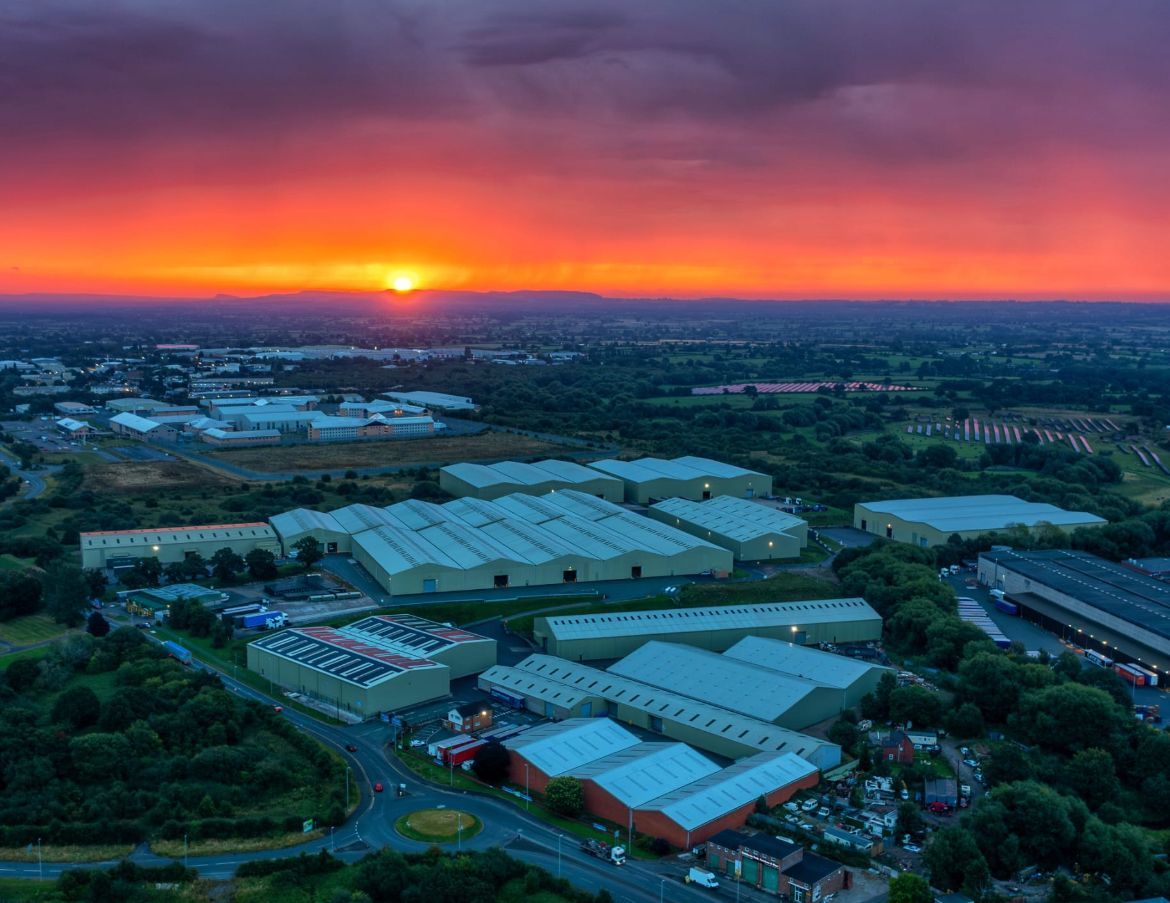 F.Lloyd (Penley) site with its units and the sunset in the background.