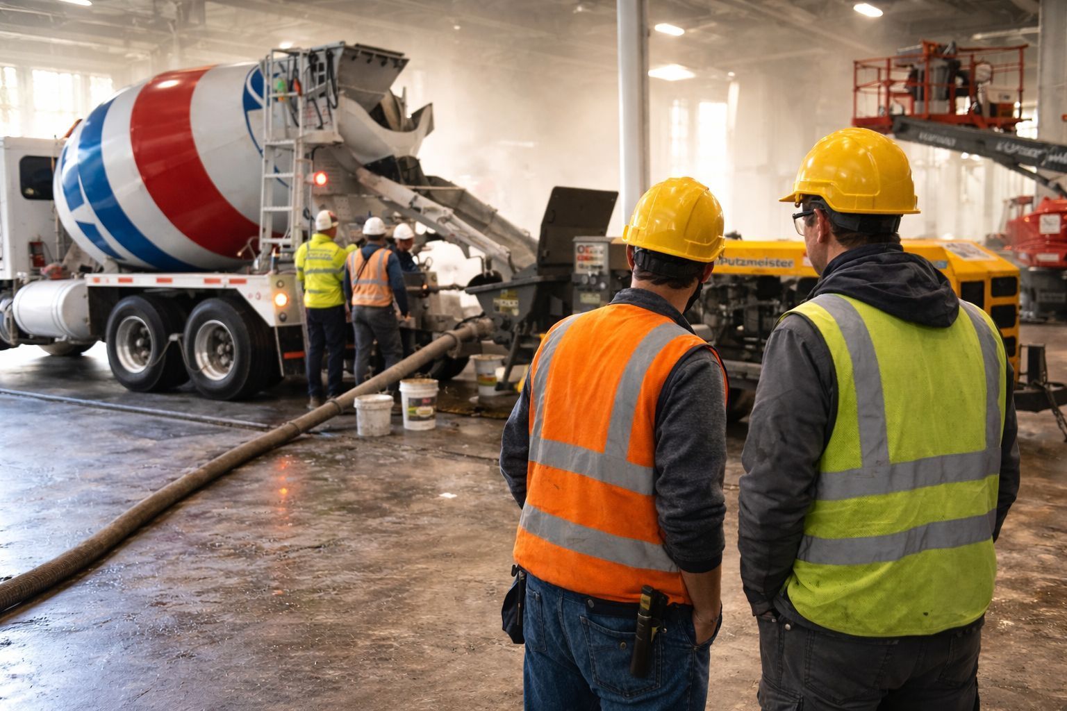 Two construction workers in high-visibility vests and hard hats watch a concrete truck pouring cement on a job site.