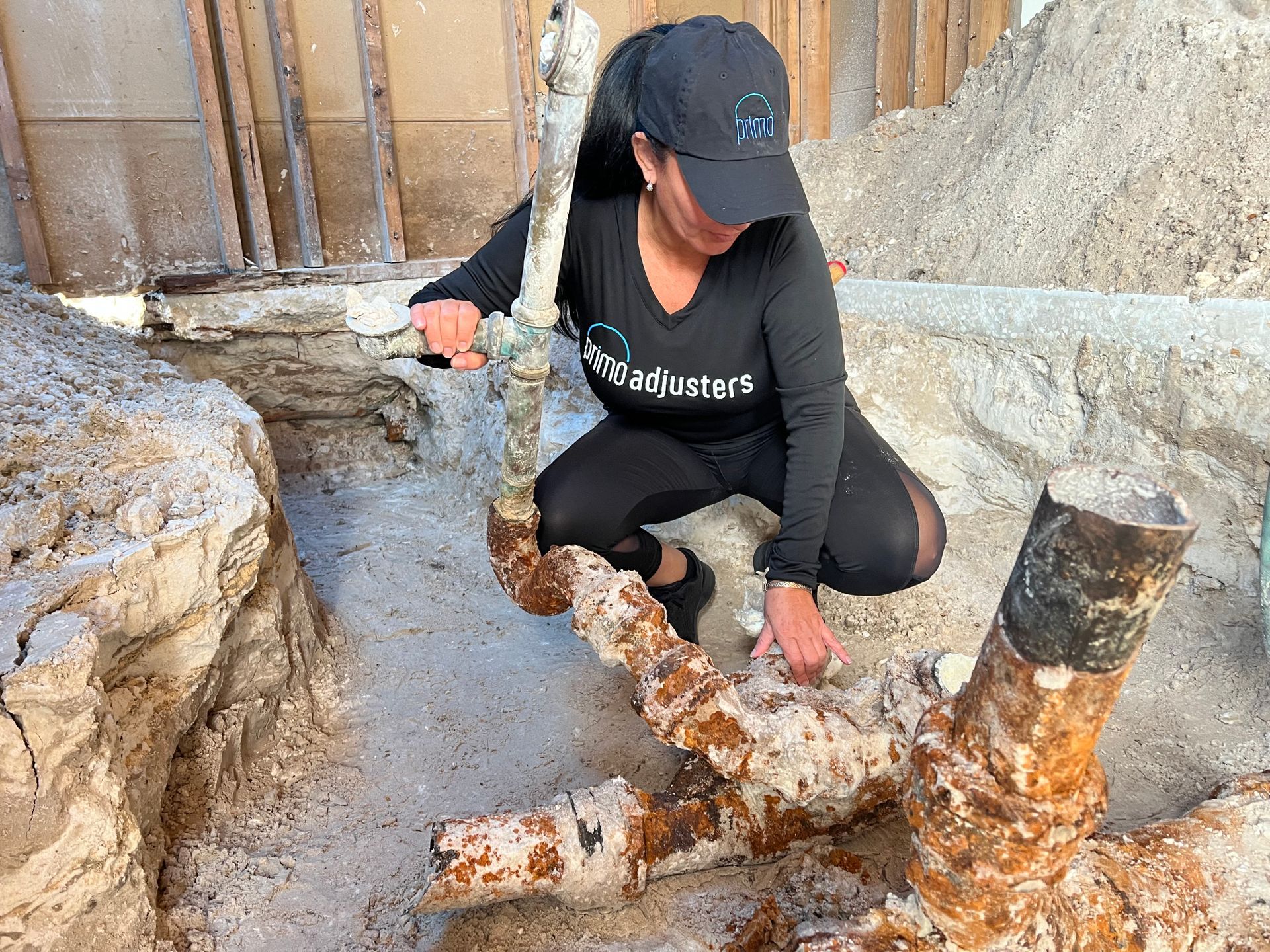 A woman is kneeling down next to a large piece of wood.