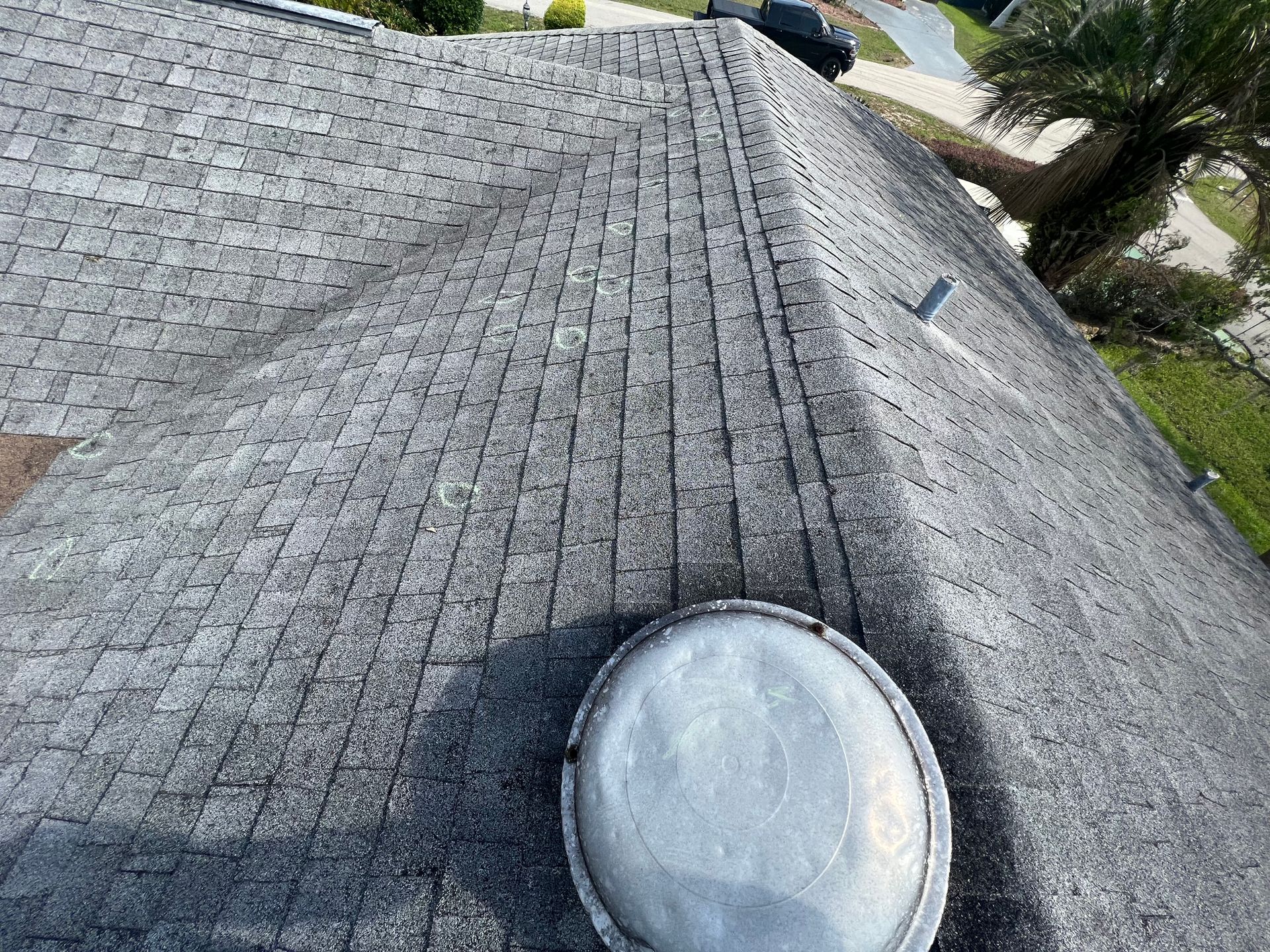 A close up of a roof with a light on it.