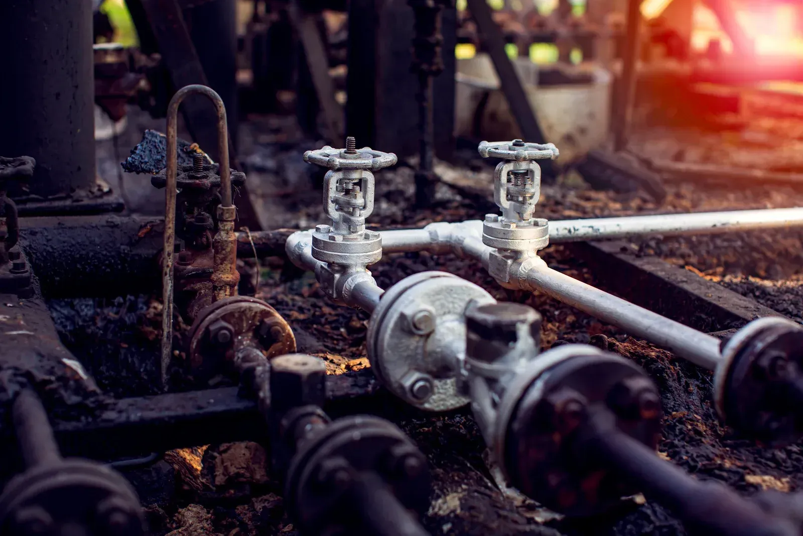 A close up of a bunch of pipes and valves in a factory.