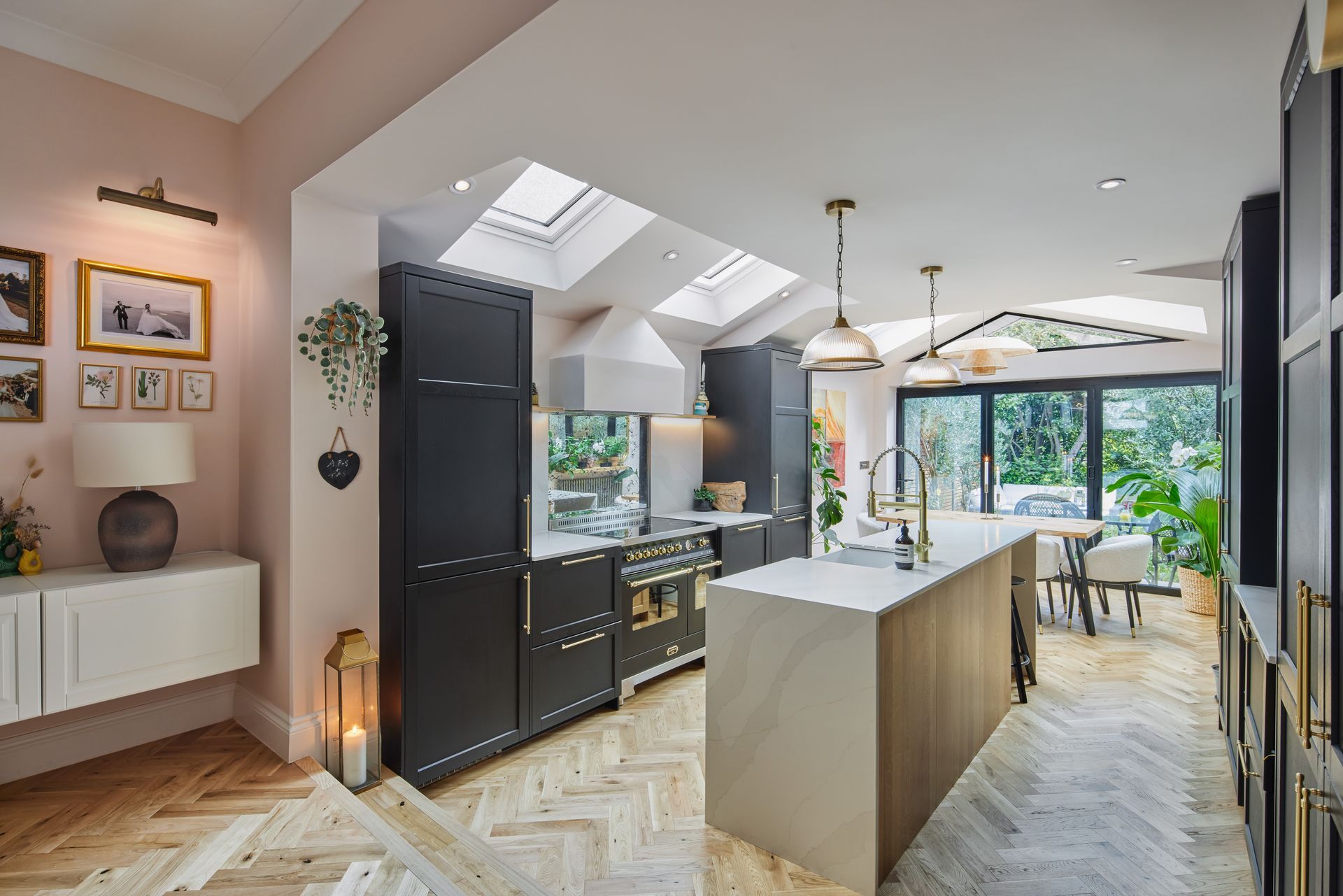 There is a large island in the middle of the kitchen.