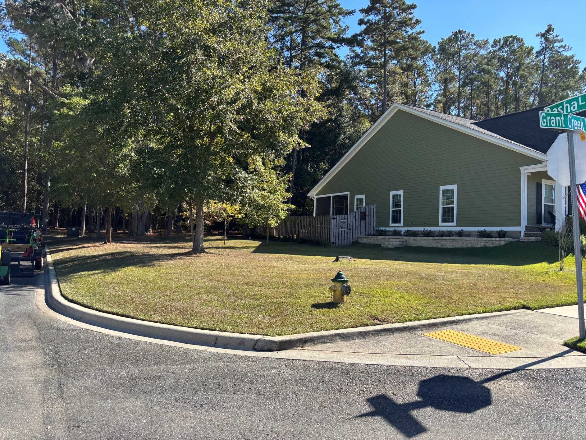 A green suburban house stands on a corner lot next to trees, with a fire hydrant and street signs on the lawn.