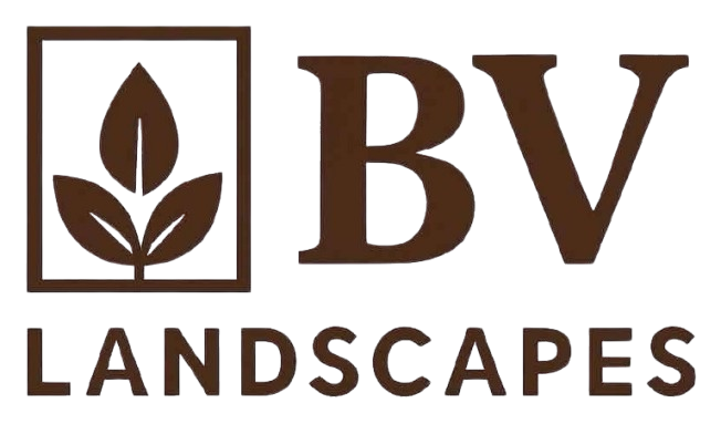 Logo for BV Landscapes: A square icon containing three brown leaves, followed by the text "BV" and "LANDSCAPES" below.
