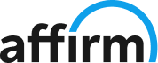 Affirm logo: Black text with a blue semi-circle arching above the 