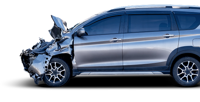 Gray SUV with severe front-end damage; damaged hood, crumpled metal, and broken parts. | Easton Auto Body