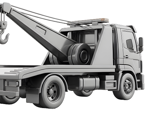 Tow truck, gray, with a raised boom and hook. | Easton Auto Body