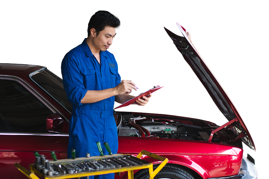 Mechanic in blue jumpsuit checks a clipboard next to a red car with the hood open. Tools in foreground. | Easton Auto Body