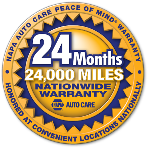 NAPA Auto Care warranty badge: 24 months/24,000 miles nationwide warranty, gold and blue colors. | Easton Auto Body