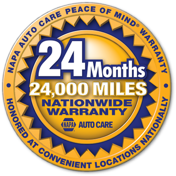 NAPA Auto Care warranty badge: 24 months/24,000 miles nationwide warranty, gold and blue colors. | Easton Auto Body