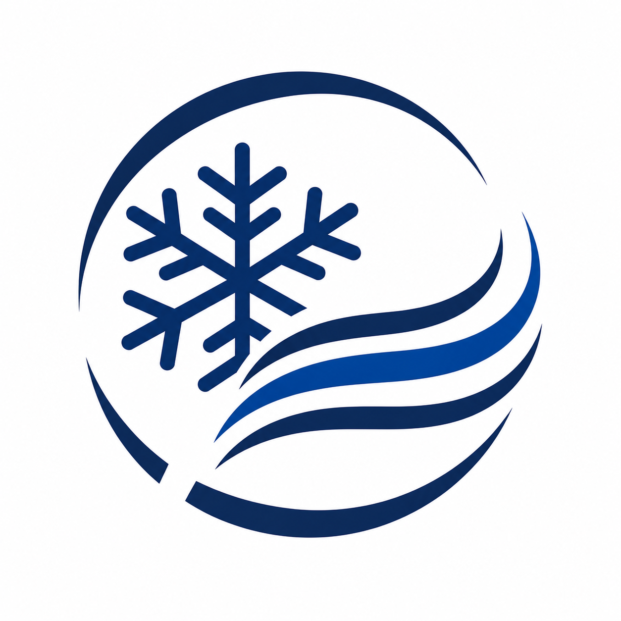 Blue snowflake and wave logo inside a circular emblem