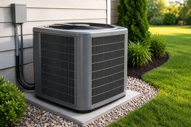 Outdoor air conditioner unit beside a house, surrounded by grass and landscaping.