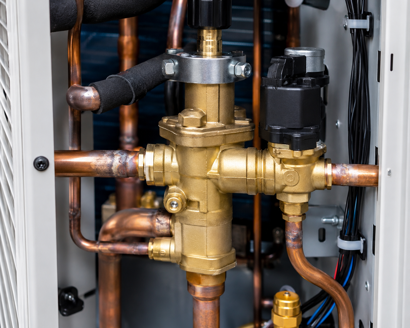Brass plumbing valve assembly with copper pipes inside a white cabinet