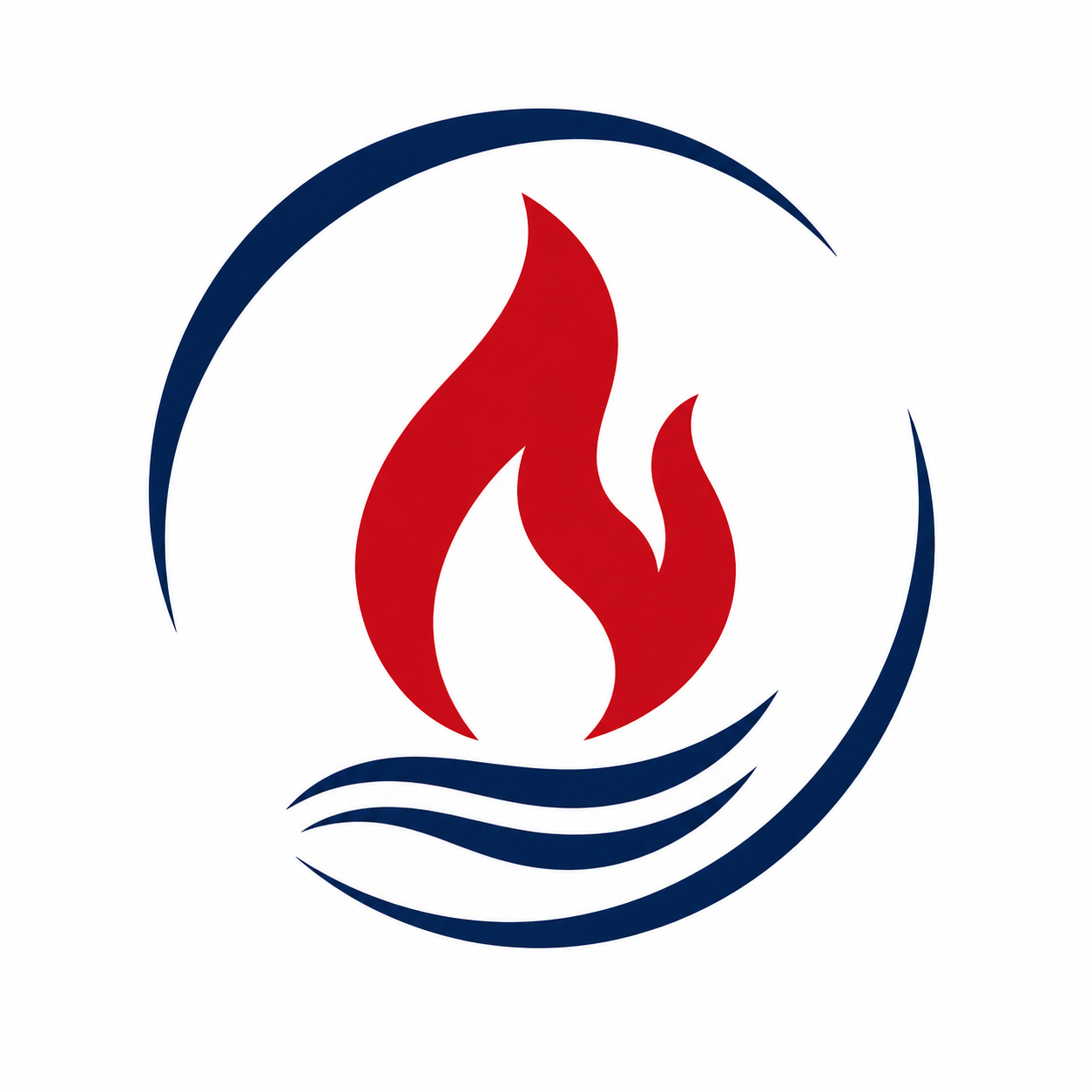 Blue circular logo with red flame and navy wave lines