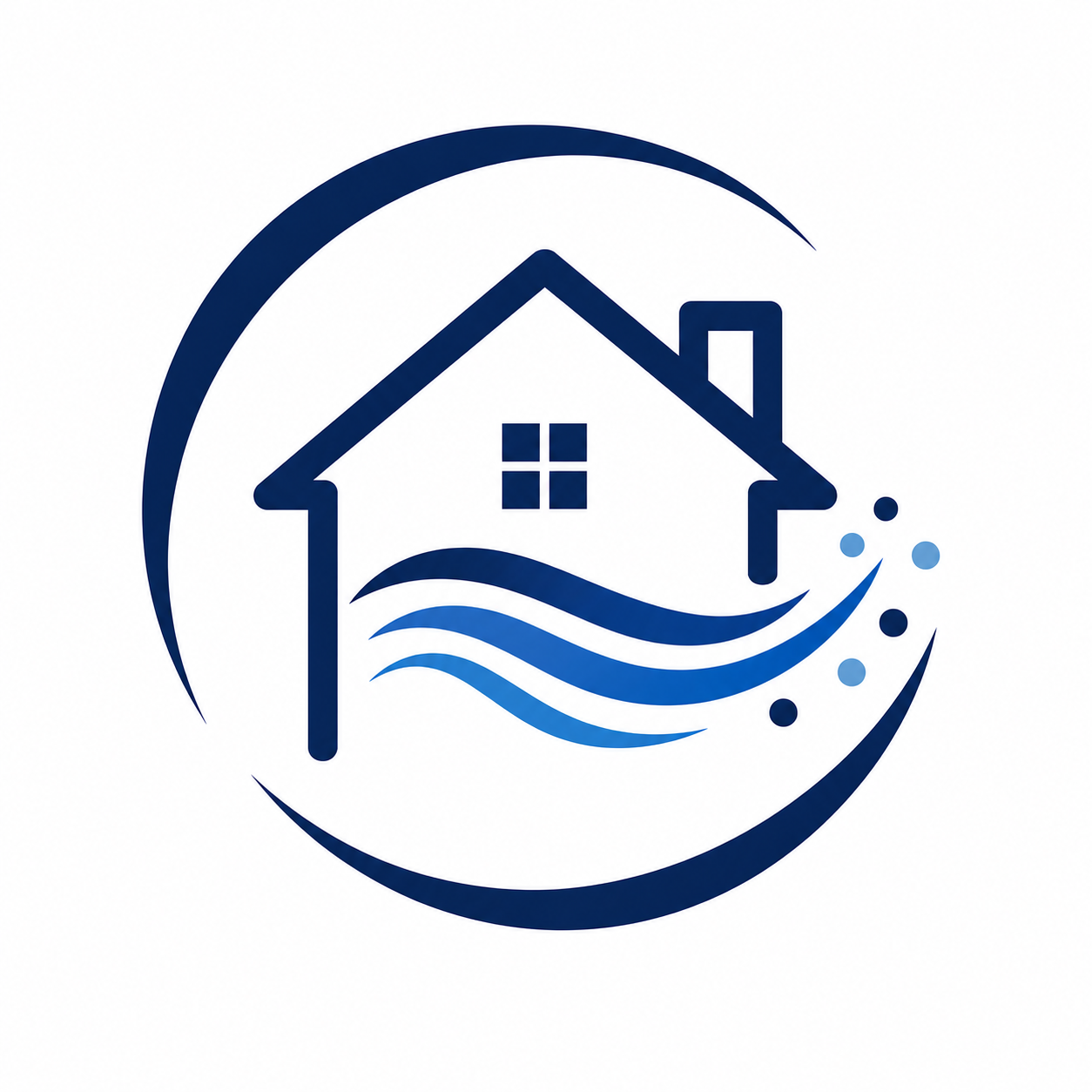Blue logo of a house with water waves and a circular swoosh