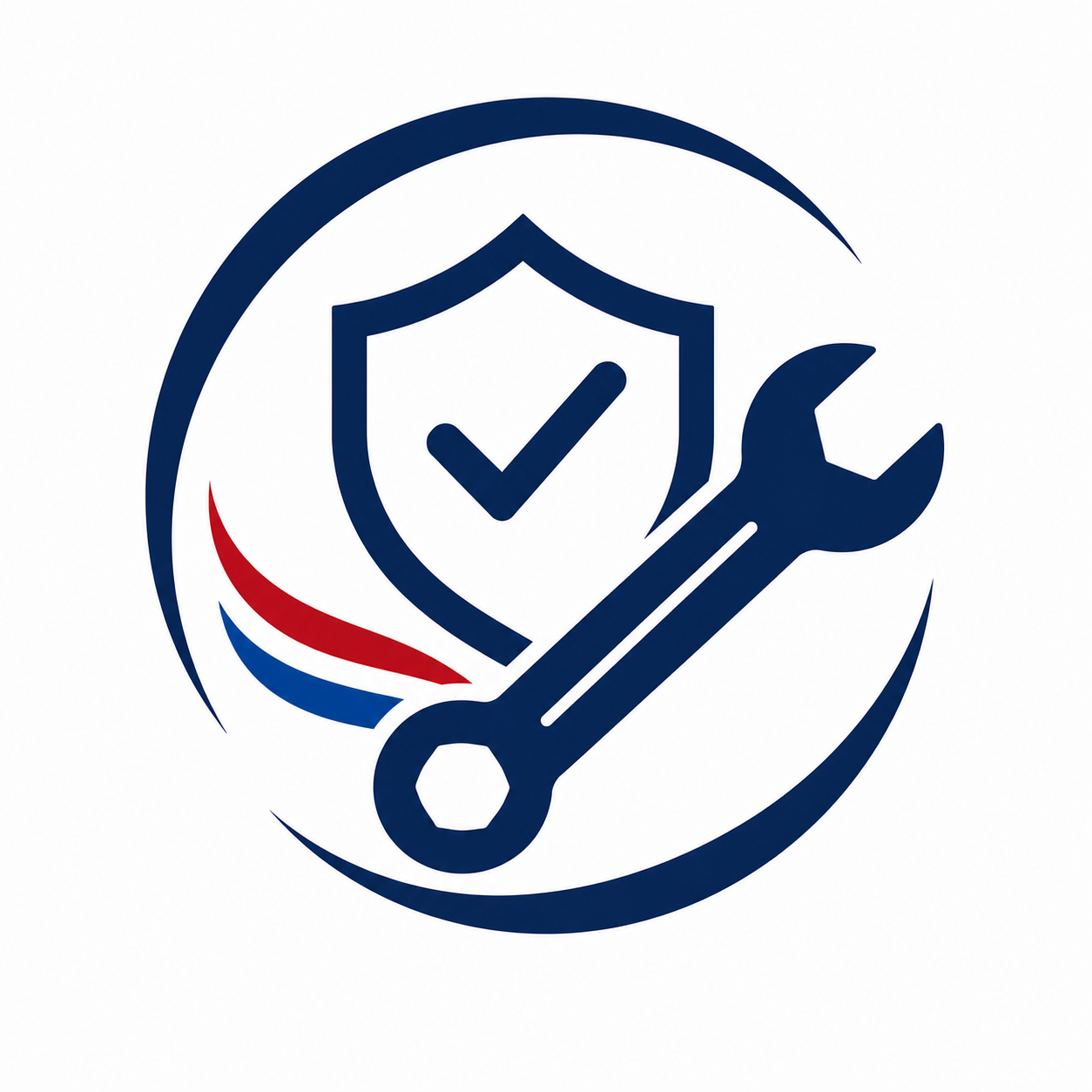 Blue shield with checkmark and wrench inside a circular red-and-blue swoosh logo.