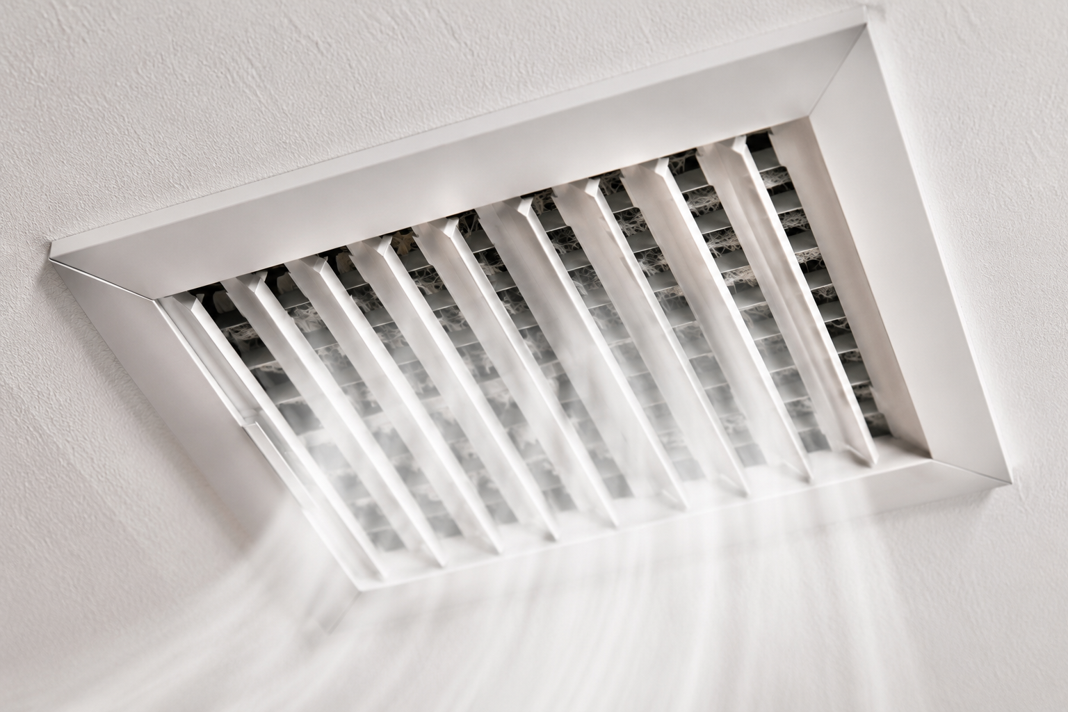 Ceiling air vent with white slats in a white room, viewed from below