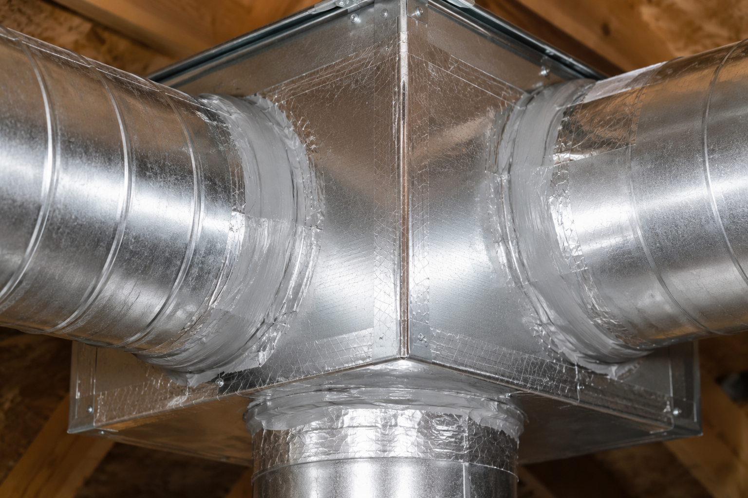 Metal HVAC ductwork junction with three silver ducts meeting at a central box