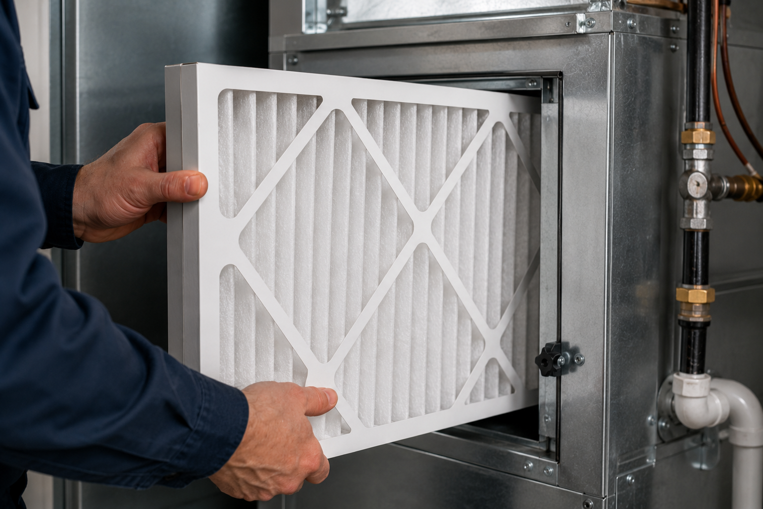 Hands replacing a white HVAC filter in a metal unit