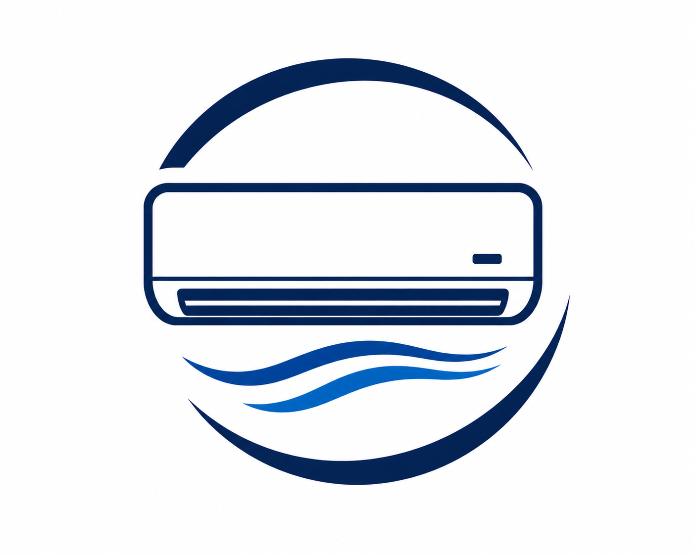 Blue logo of an air conditioner with curved lines suggesting airflow and cooling water