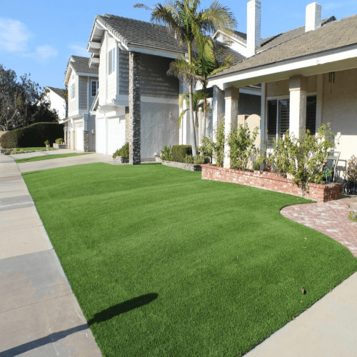 A green, manicured lawn in front of a suburban house. The lawn borders a sidewalk and is surrounded by homes.
