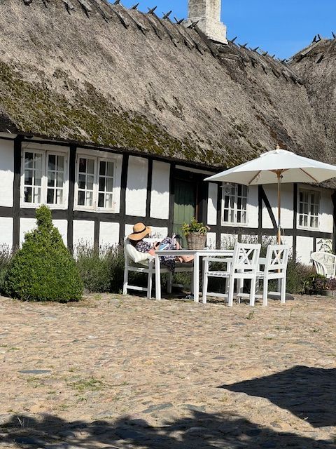 A woman is sitting at a table in front of a thatched house.