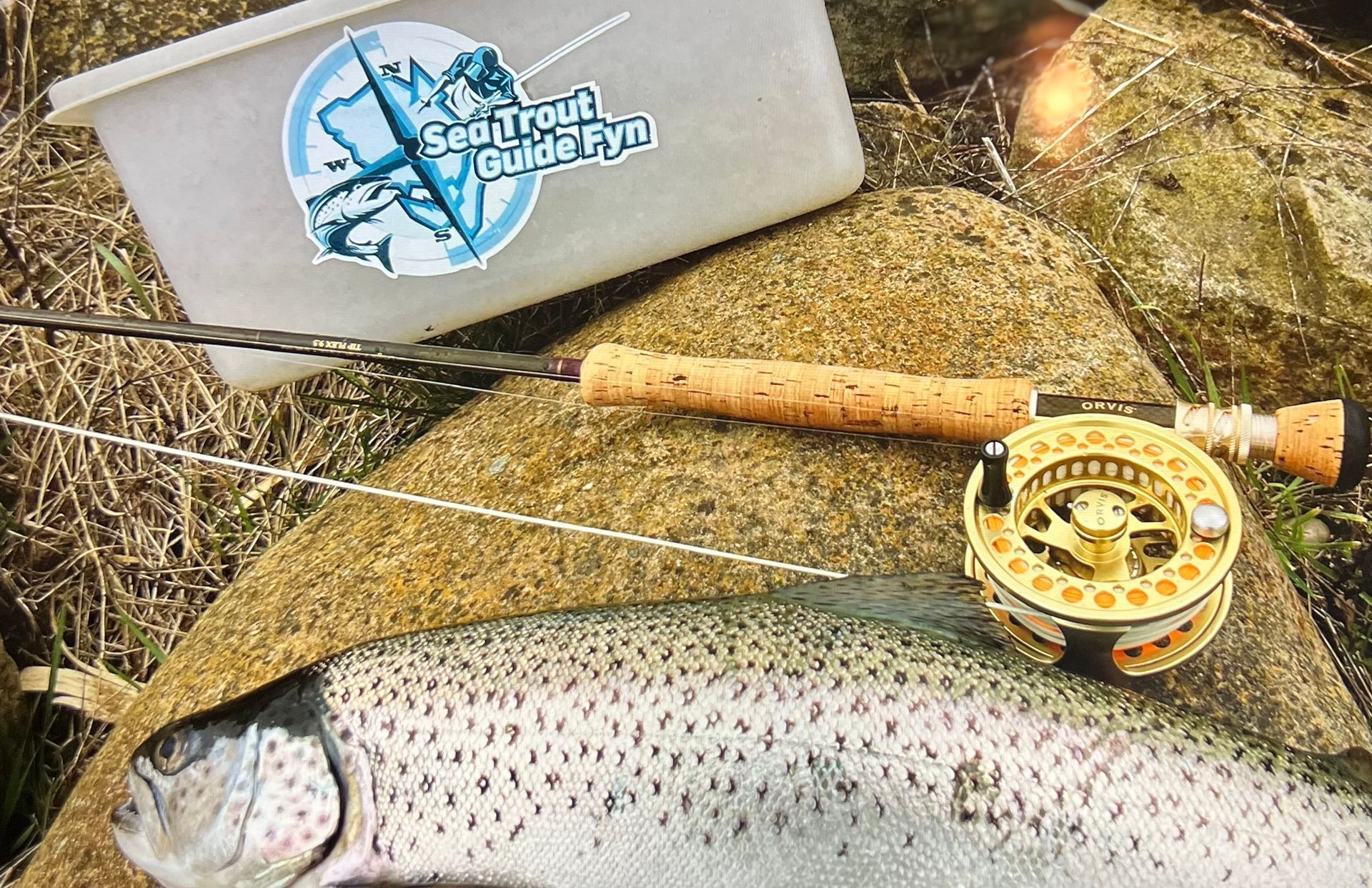 A freshly caught brown trout resting on a rustic wooden grill over glowing embers, ready to be enjoyed