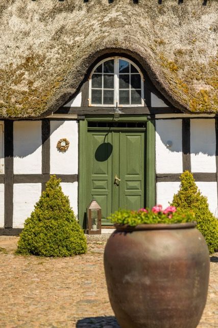 A thatched roofed house with a green door and a large pot of flowers in front of it.