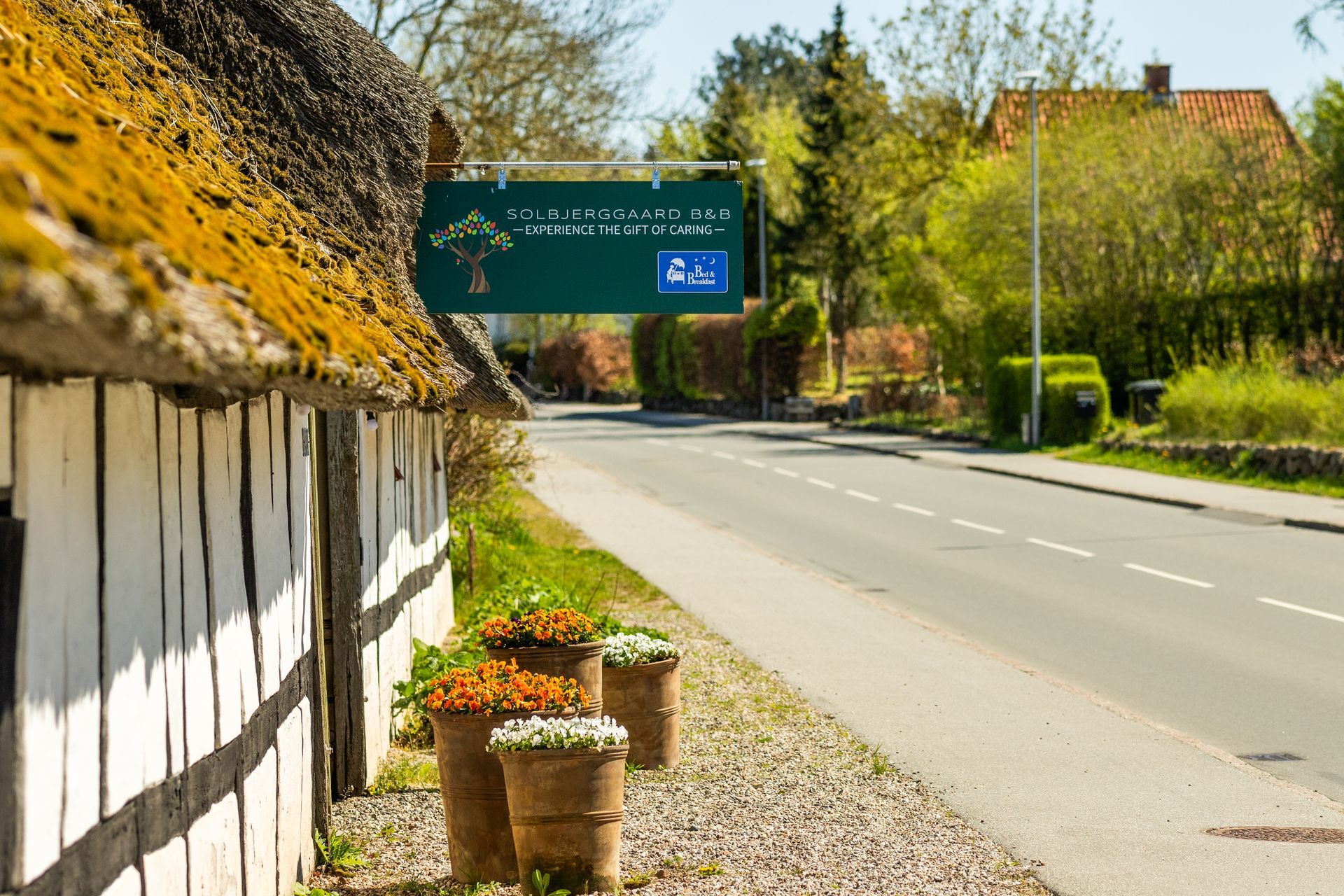 A thatched roofed building next to a road with flowers in front of it