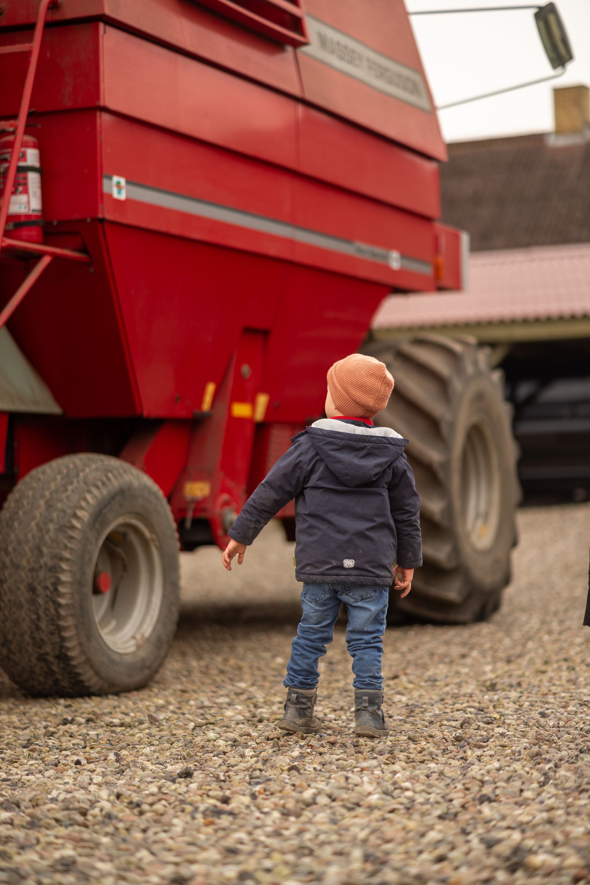 A little boy is standing in front of a red tractor.