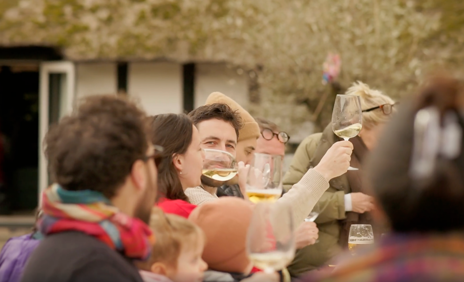 A group of people are sitting at a table drinking wine and beer.