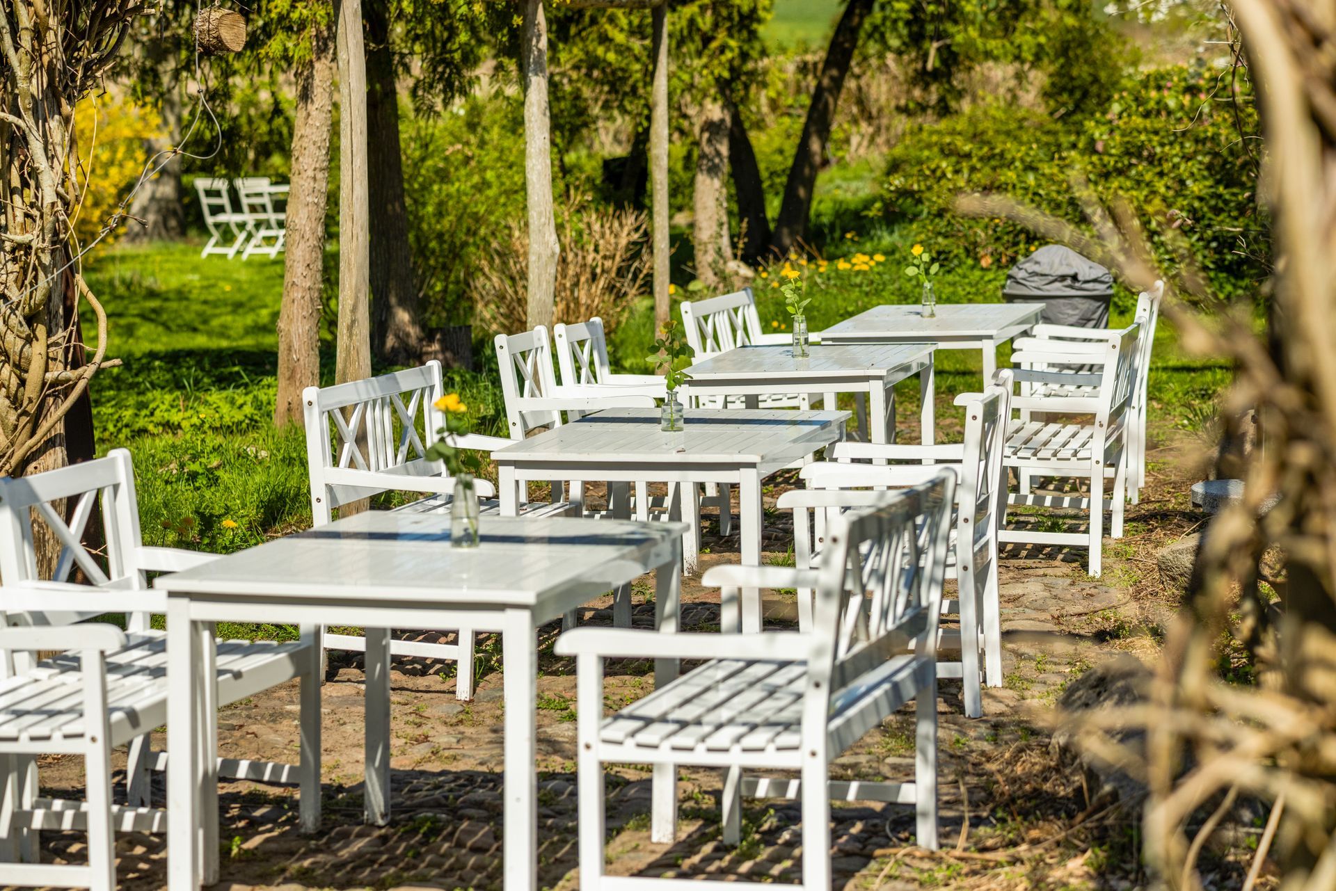 A row of white tables and chairs in a park.