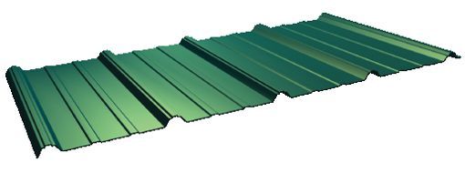 A green metal roof is laying on a white surface.