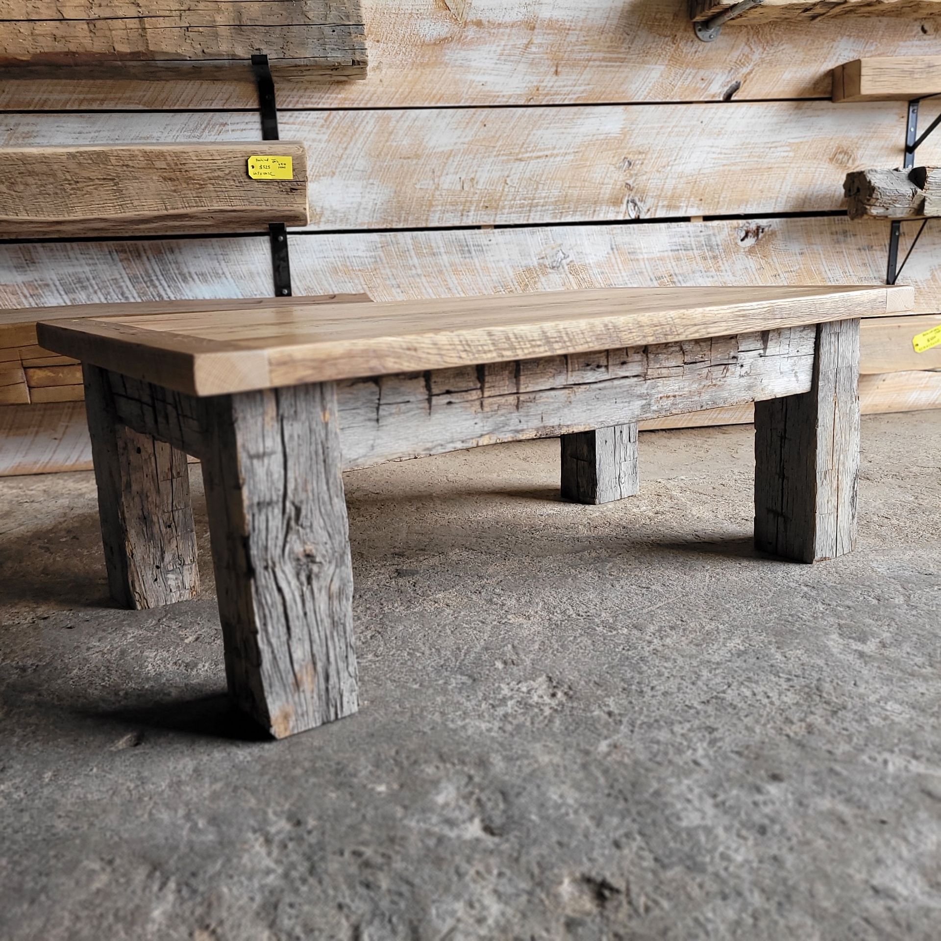 rustic white oak coffee table with hand hewn legs