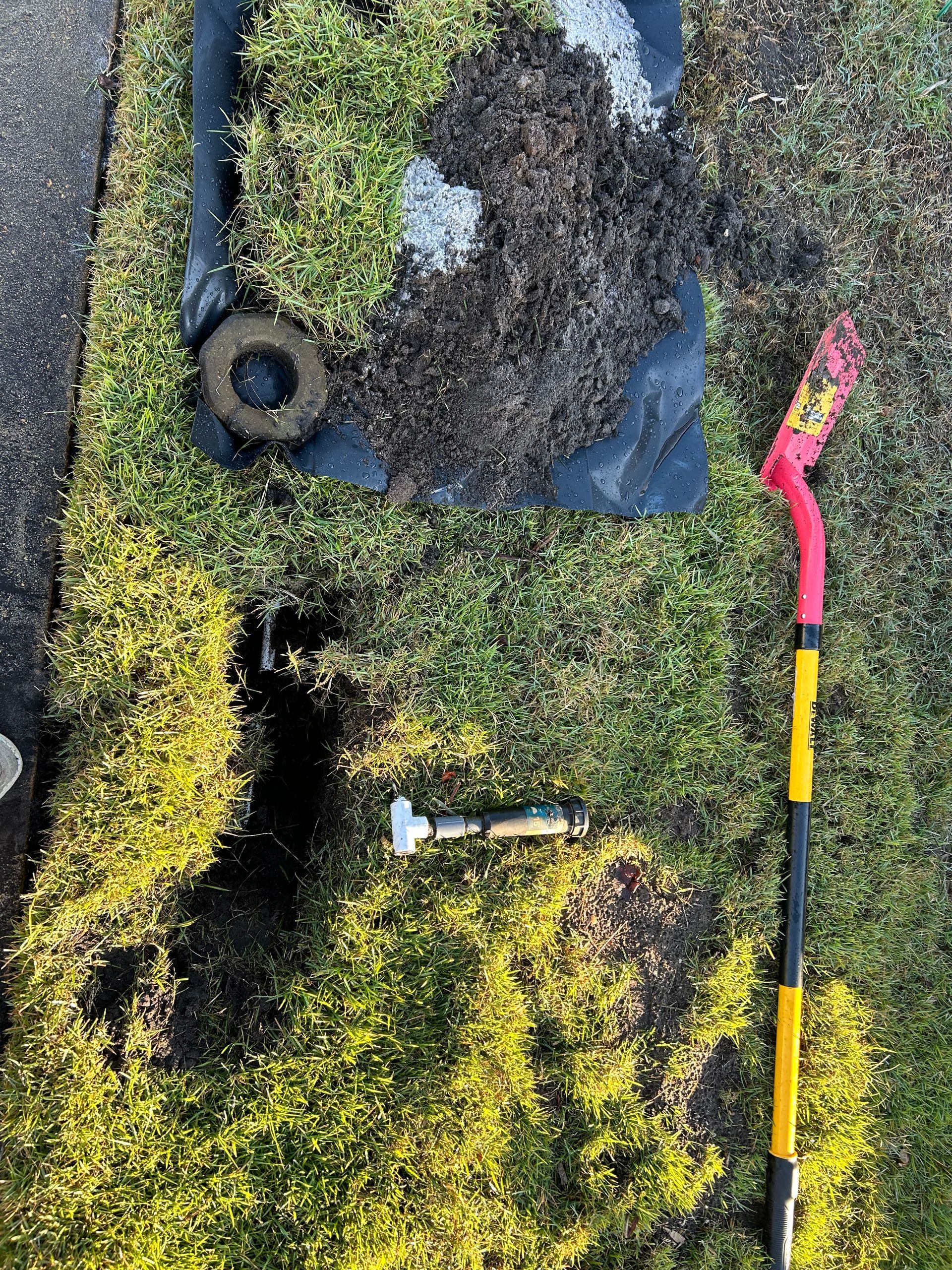 A shovel is sitting on top of a pile of grass next to a tire.