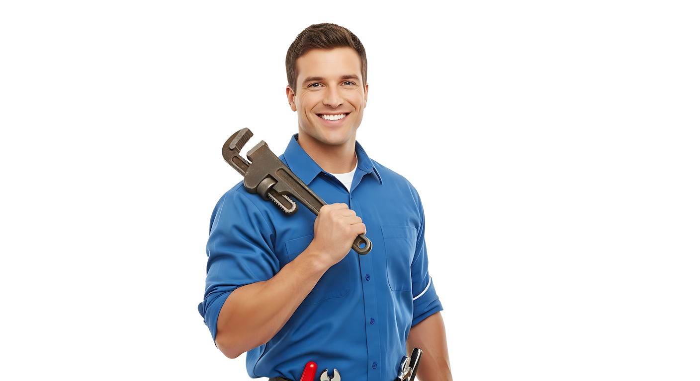 A smiling worker in a blue shirt carrying a pipe wrench over their shoulder against a white background.