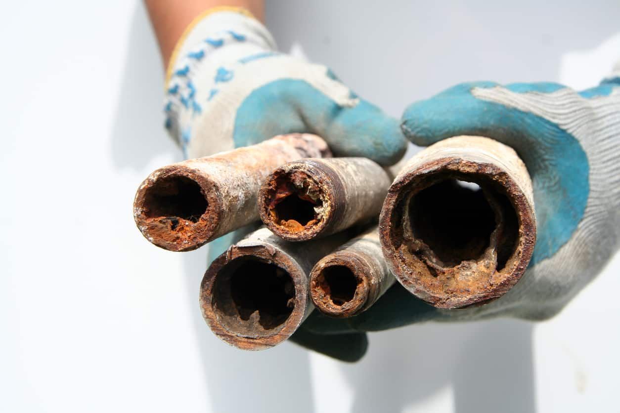 Hands wearing work gloves hold a cluster of corroded, rusted metal pipes showing significant internal blockage.