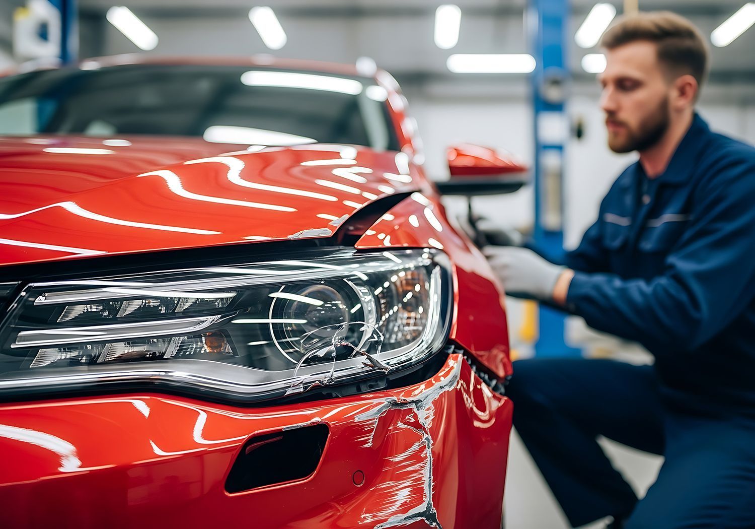 Technician repairing damage on the front fender of a red car in a workshop.