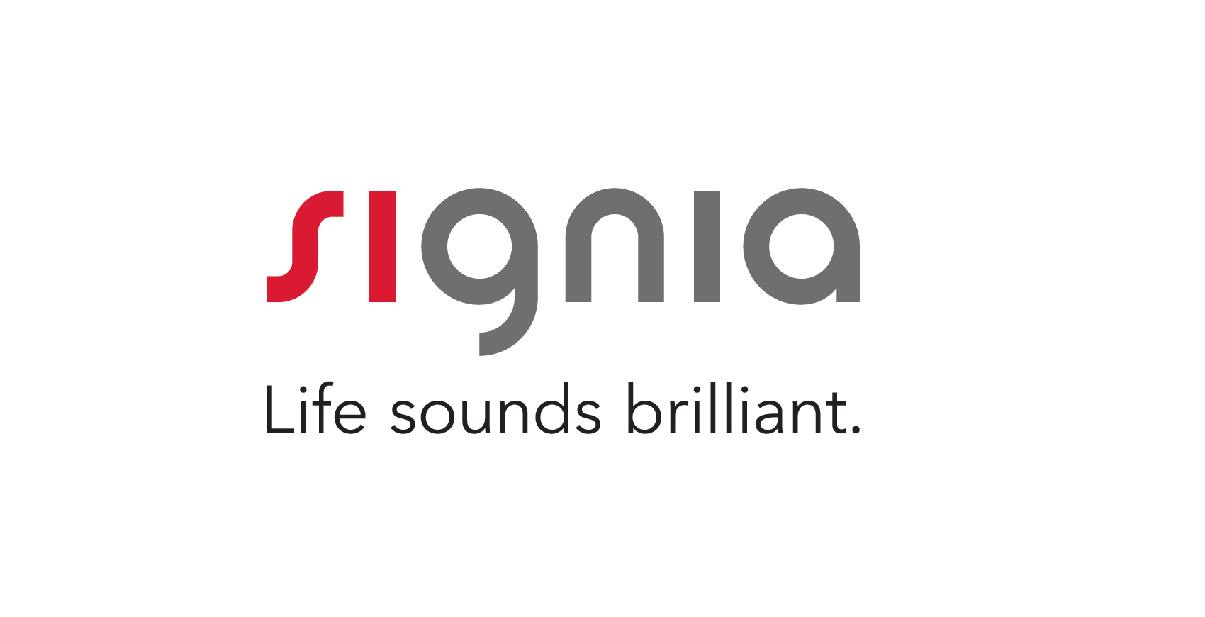 Logo Signia con la scritta "SI" rossa e "gnia" grigia. Slogan: "La vita sembra brillante".