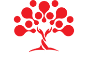 a red tree with circles on it is on a white background 