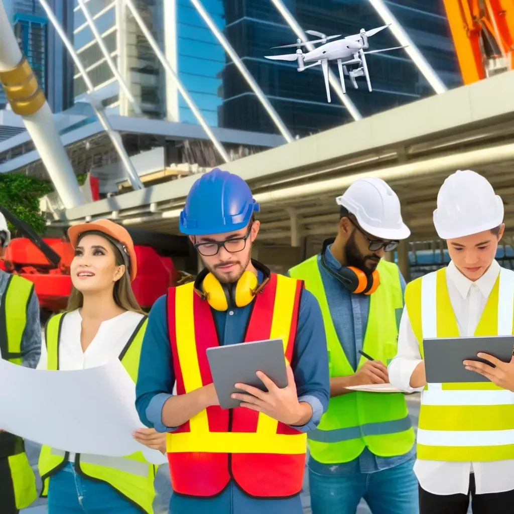A group of construction workers are standing in front of a building looking at a tablet.