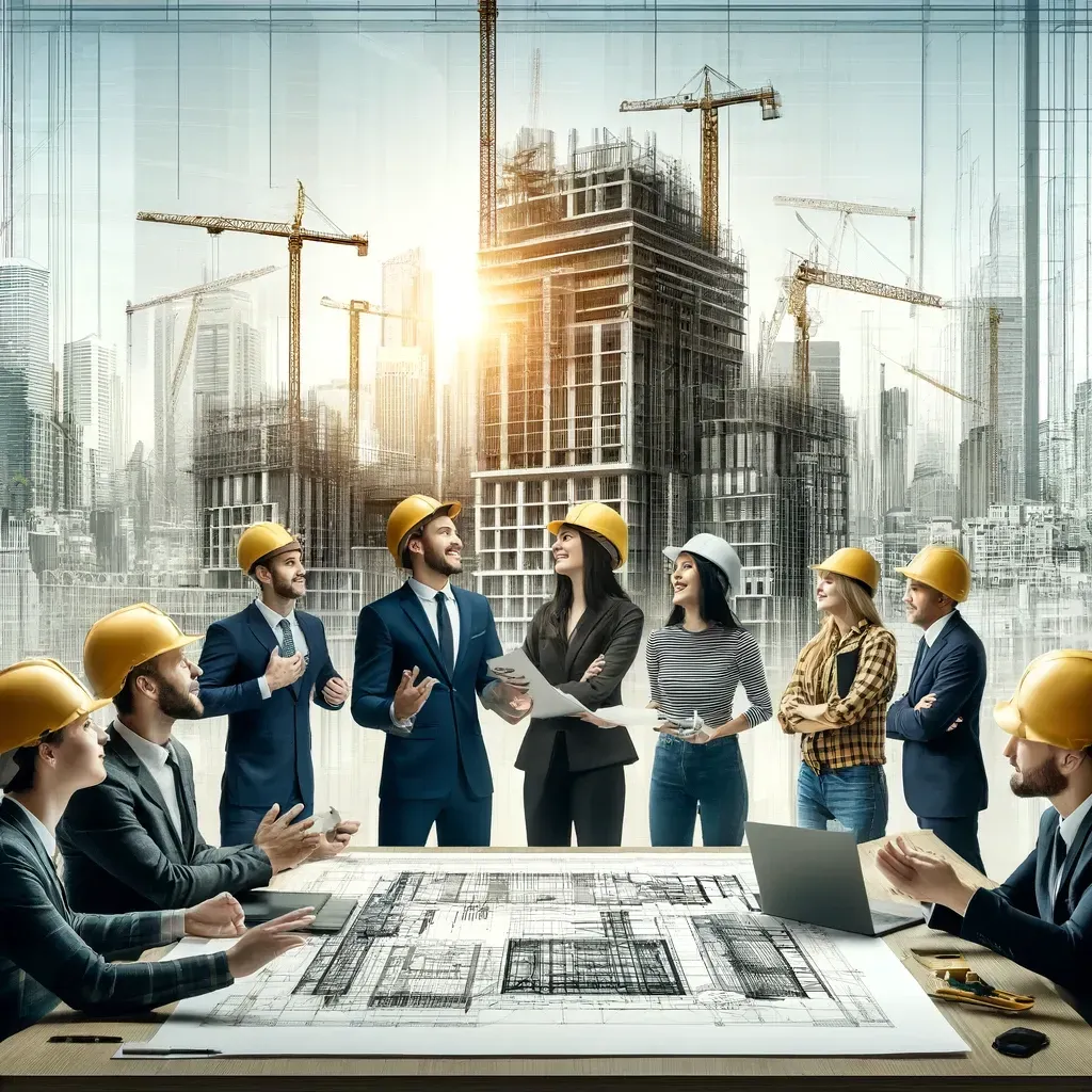 A group of construction workers are having a meeting in front of a building under construction.