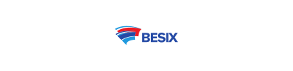BESIX logo: abstract design in blue, red, and white with the word BESIX in navy.