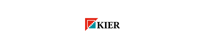 Kier logo: red and teal abstract shape with