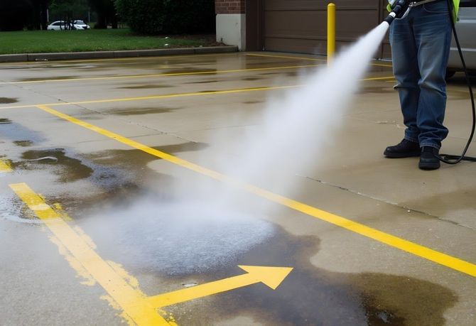 Worker pressure-washing a wet parking lot with yellow painted arrows and lines