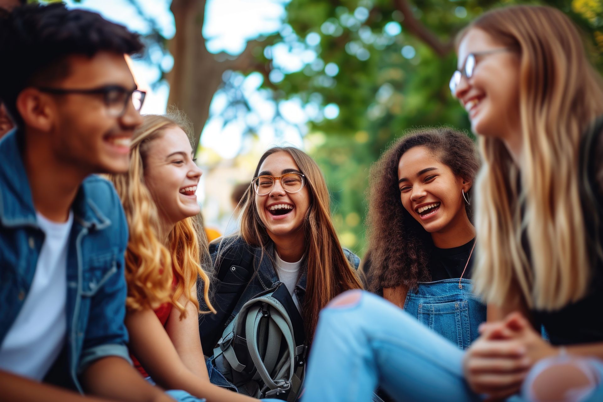 Um grupo de jovens está sentado no chão rindo.