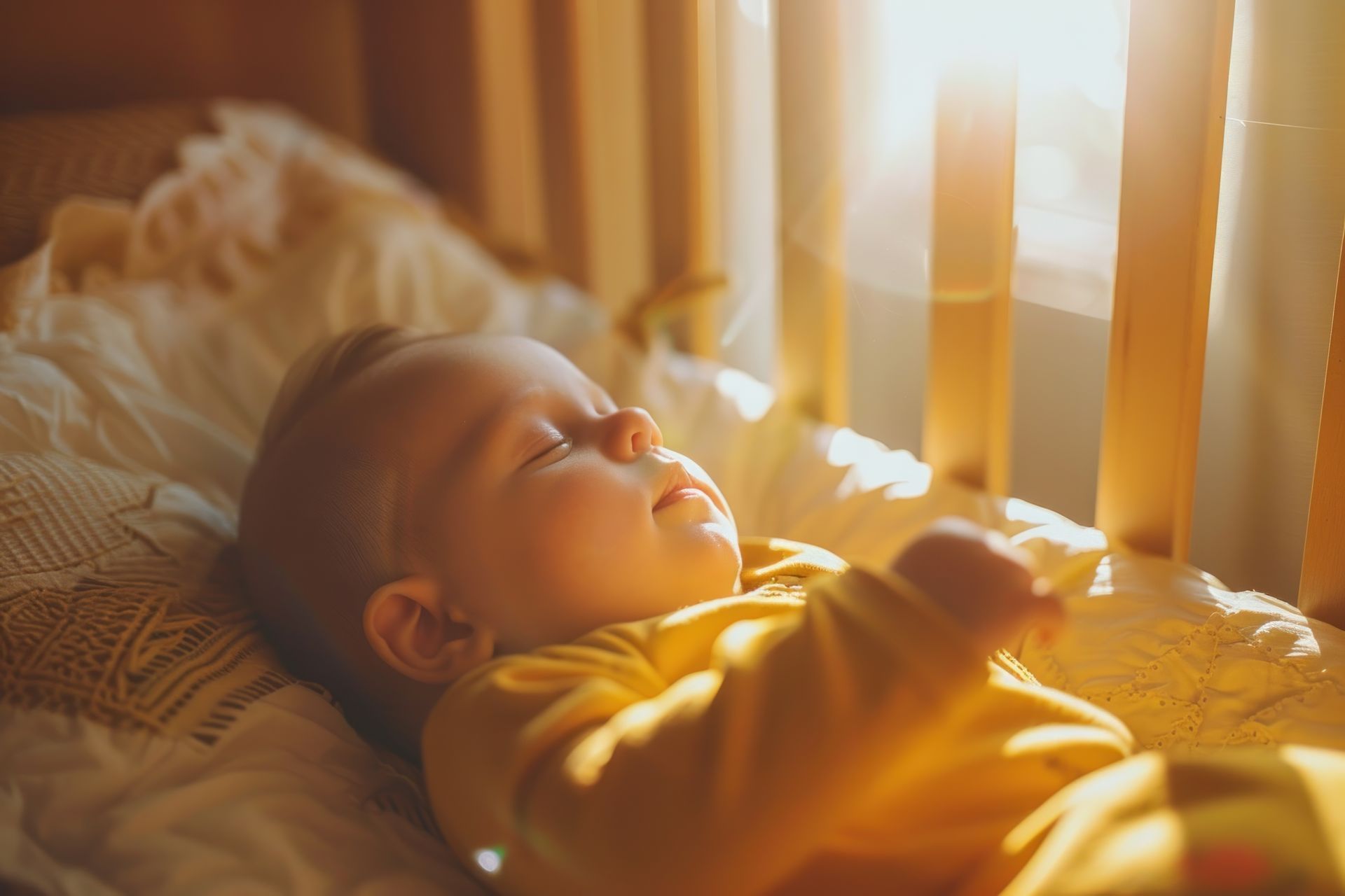 Um bebê está dormindo em um berço em frente a uma janela.